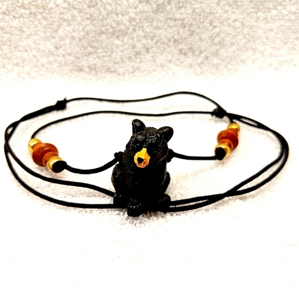 FINAL SALE🐻 Black Bear Necklace with adjustable cord and wooden beads vintage
